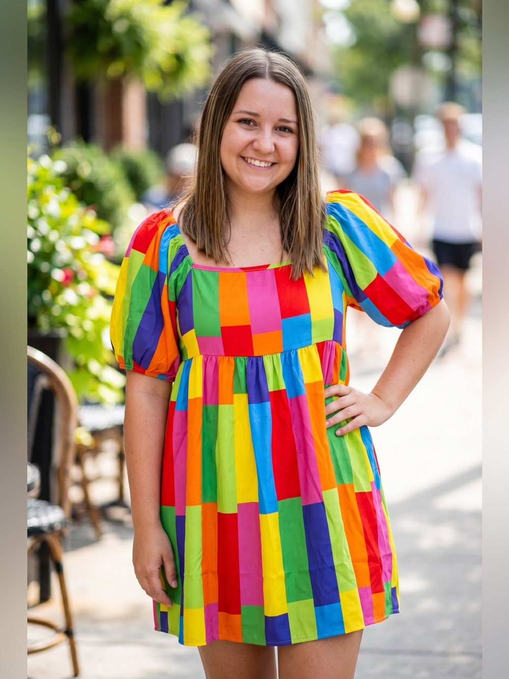 Bibi Bright Multicolor Patchwork Mini Dress with Puff Sleeves